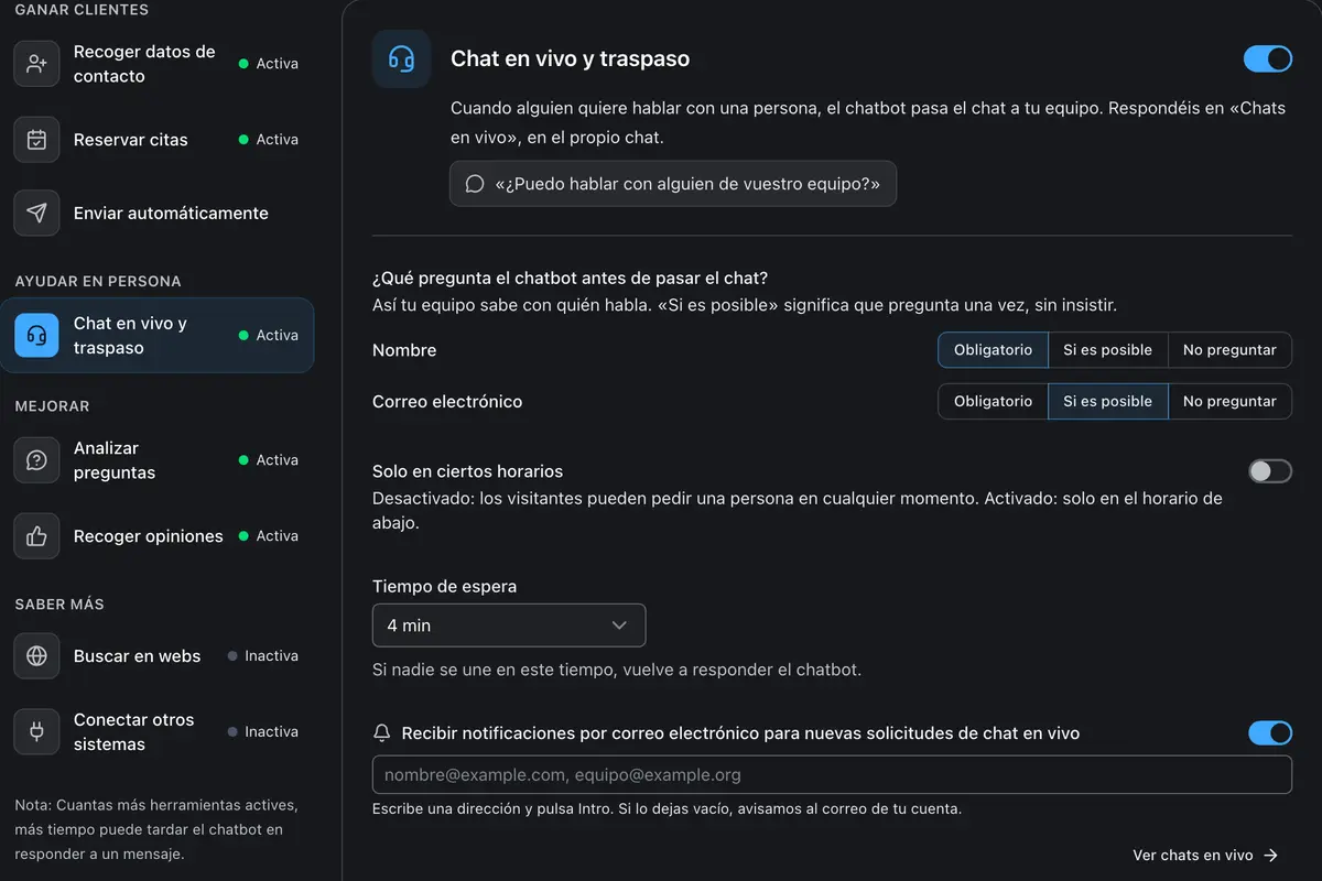 Lista de funciones con los ajustes de una función