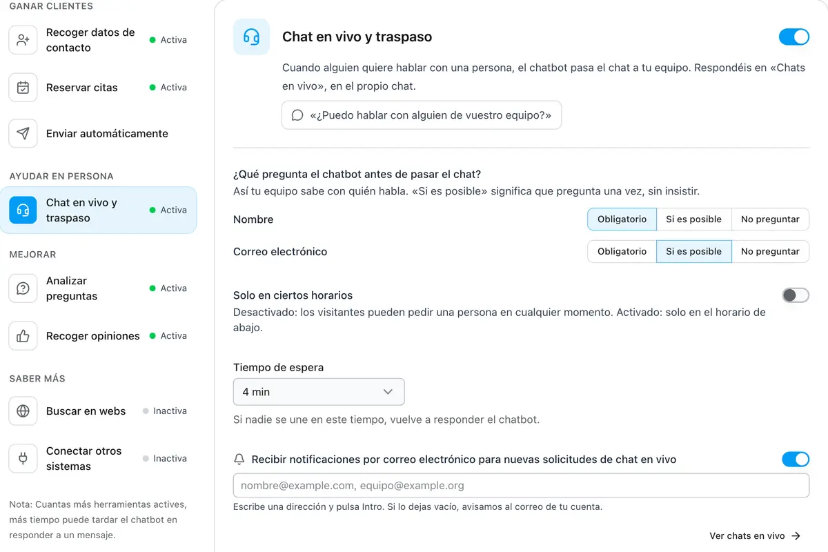 Lista de funciones con los ajustes de una función