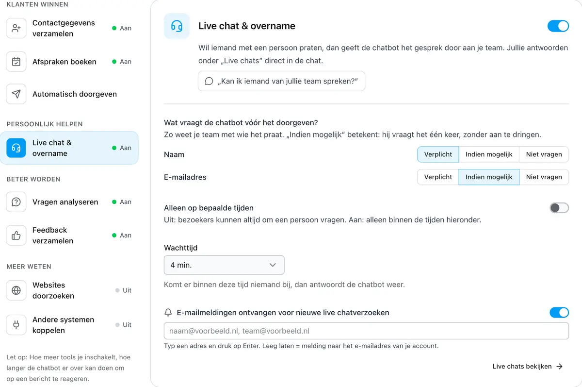 Functielijst met de instellingen van één functie