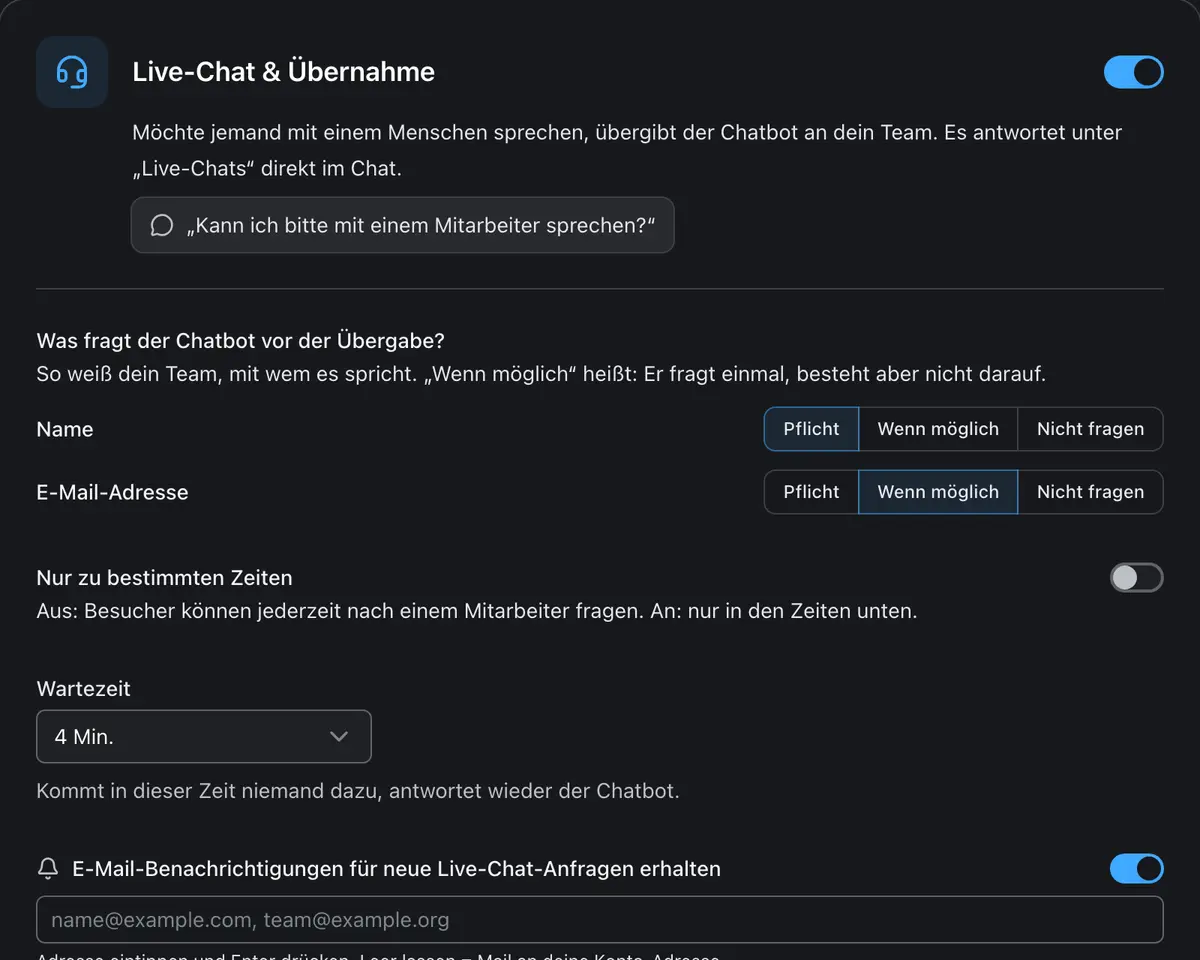 Live-Chat-Einstellungen mit Abfragen und Zeiten