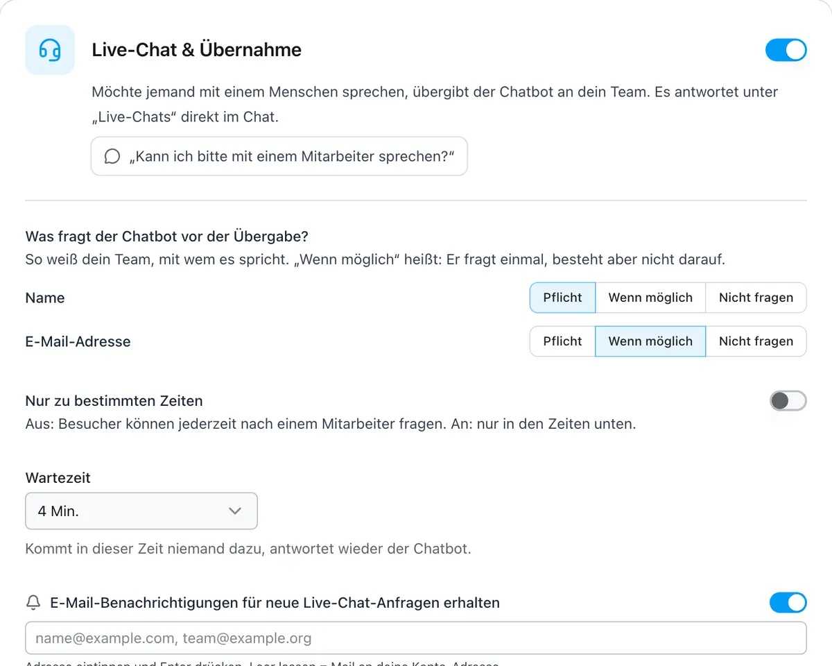 Live-Chat-Einstellungen mit Abfragen und Zeiten