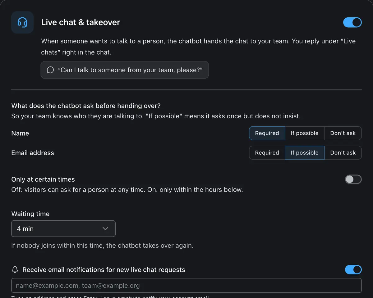 Live chat settings with questions and hours