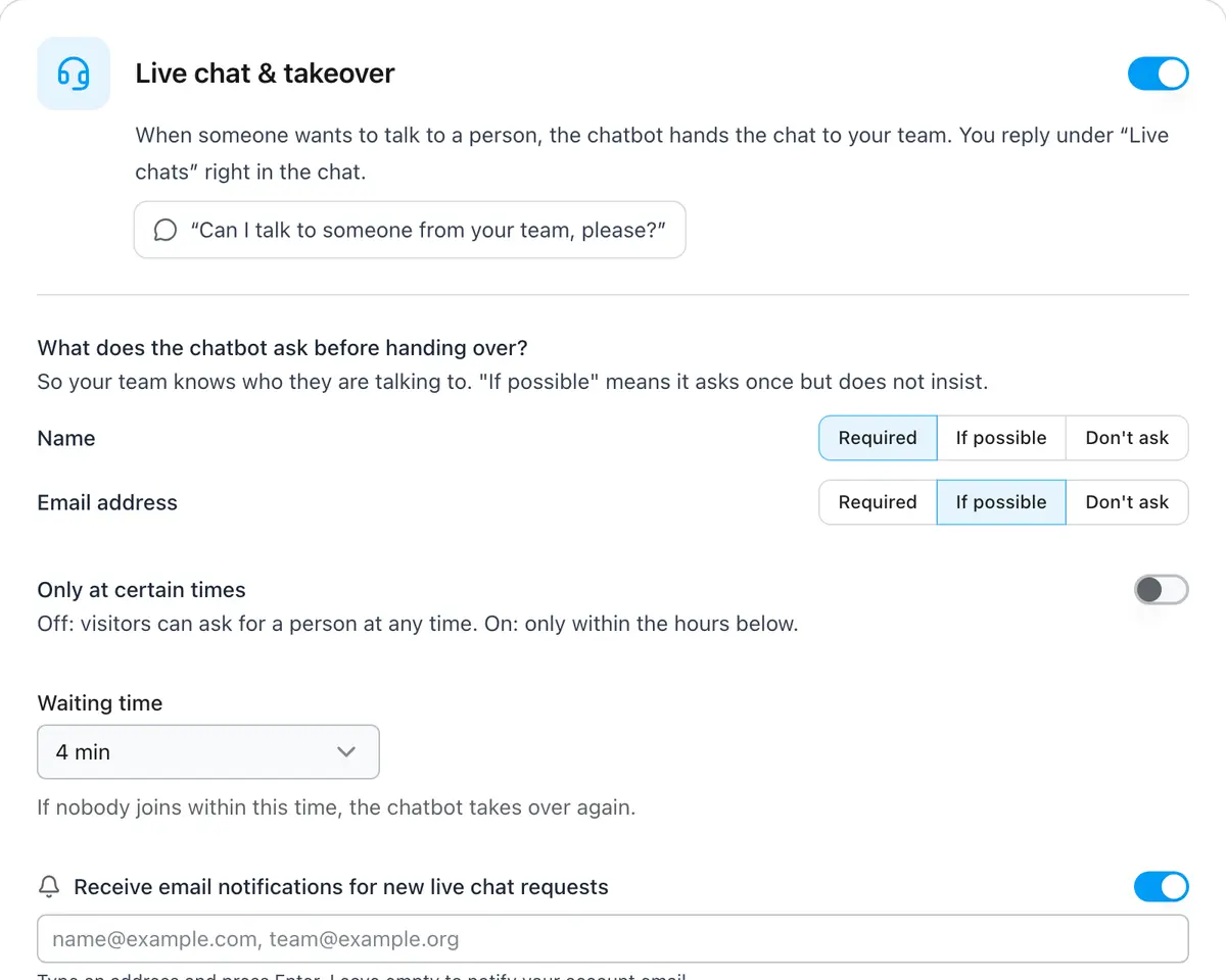 Live chat settings with questions and hours