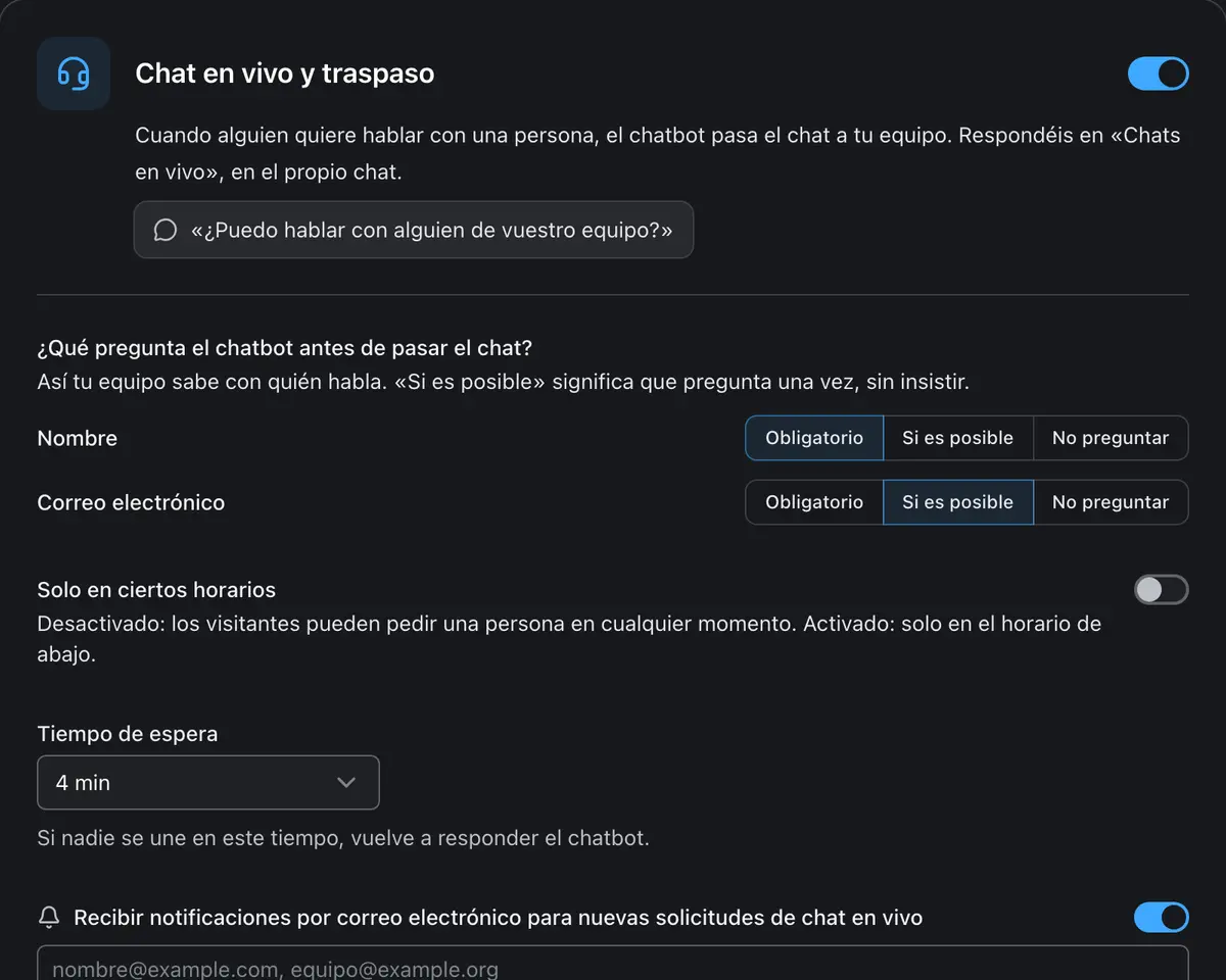 Ajustes del chat en vivo con preguntas y horarios