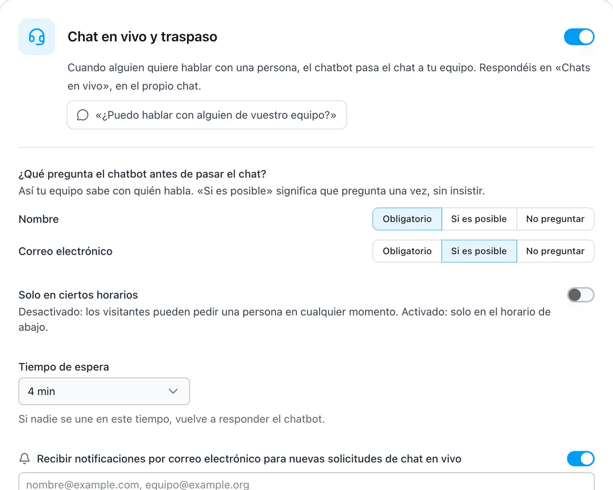 Ajustes del chat en vivo con preguntas y horarios