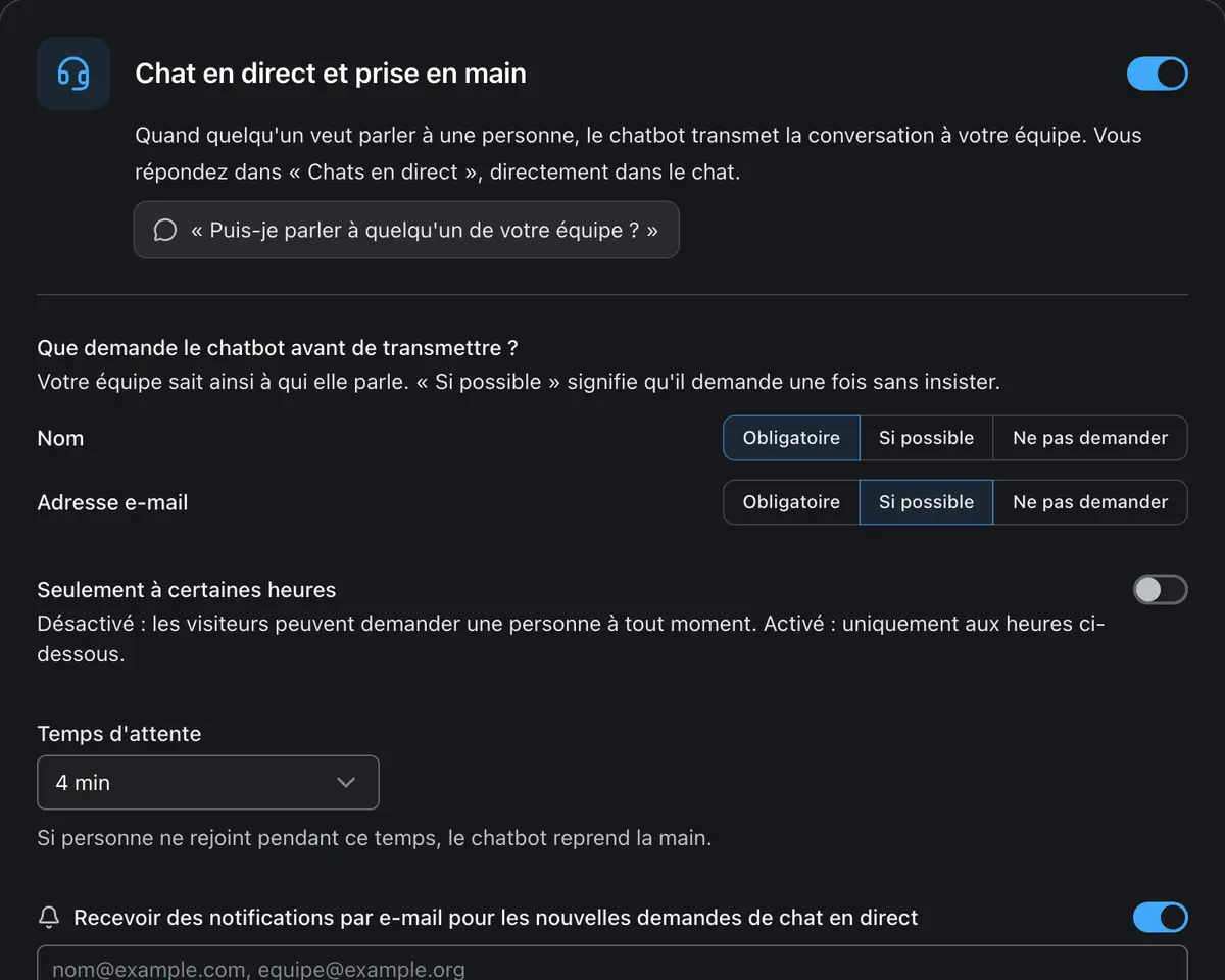 Paramètres du chat en direct avec questions et horaires