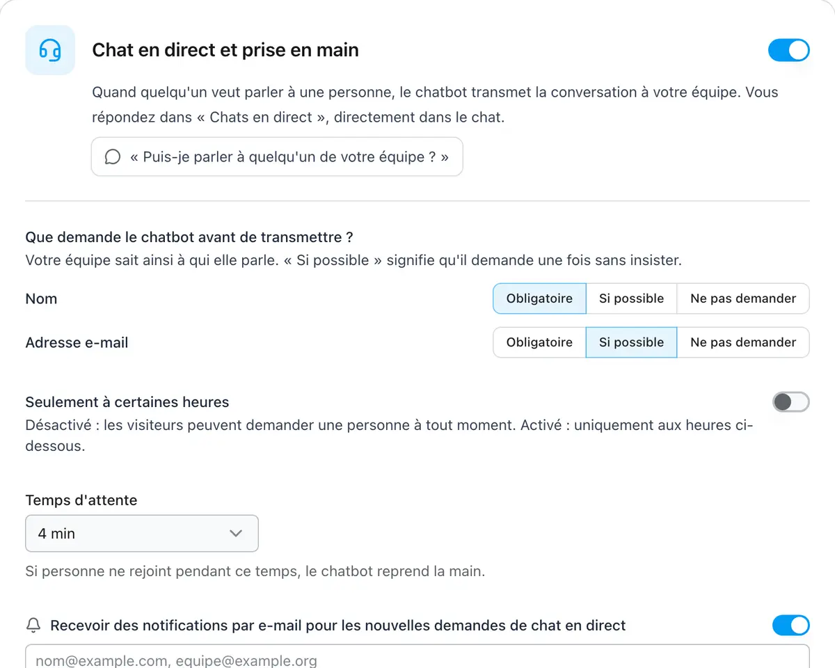 Paramètres du chat en direct avec questions et horaires