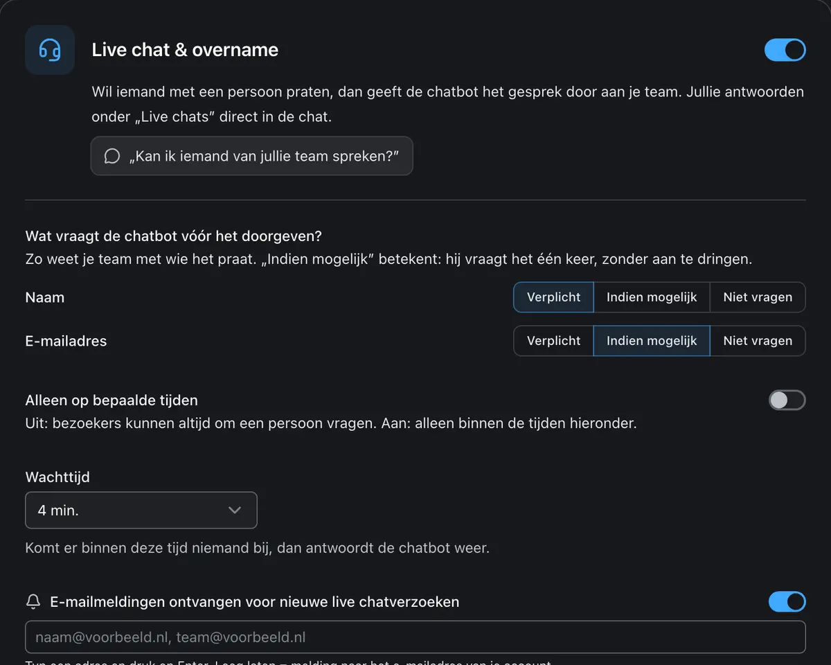 Livechat-instellingen met vragen en uren
