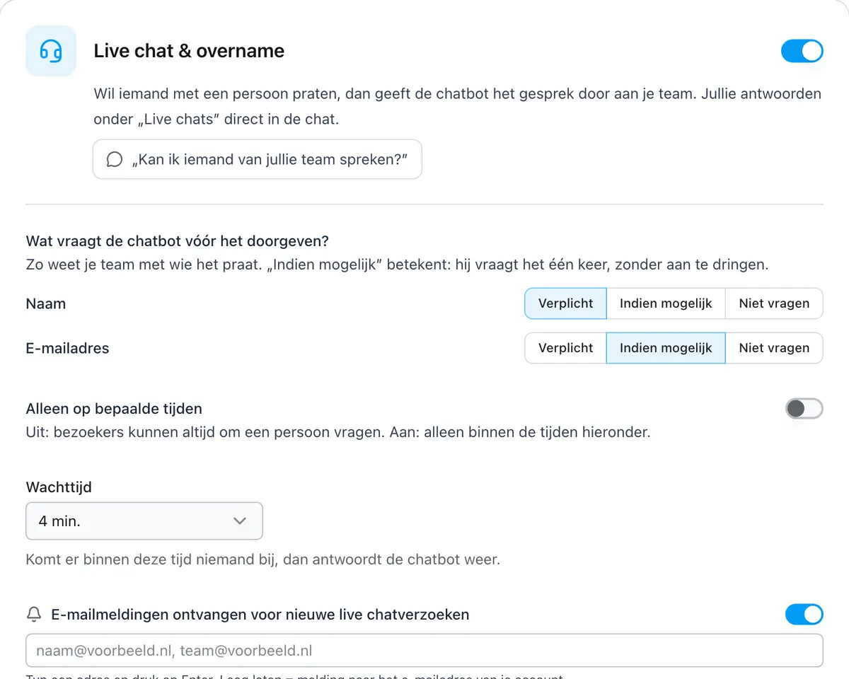 Livechat-instellingen met vragen en uren