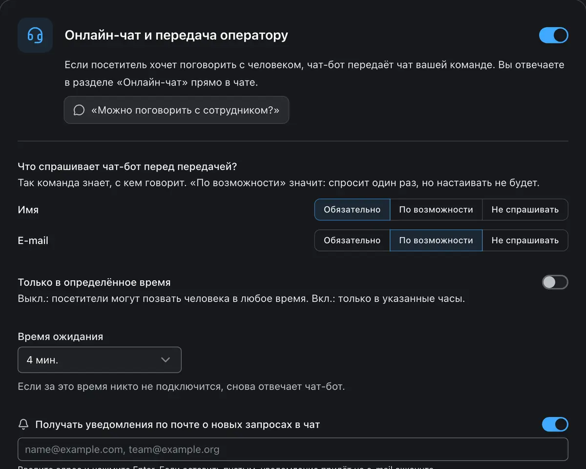 Настройки живого чата с вопросами и рабочими часами